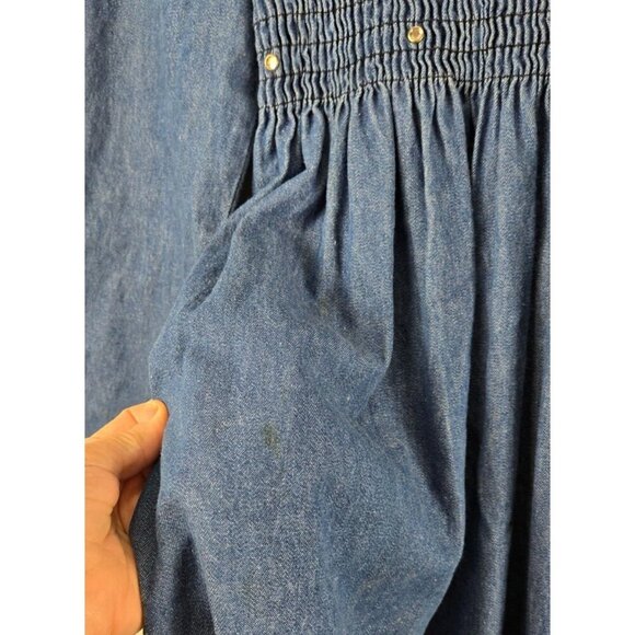 VTG Blue Denim Dress Midi Smocked Bodice High Waist Rhinestones Sz M Bossy - Picture 8 of 9